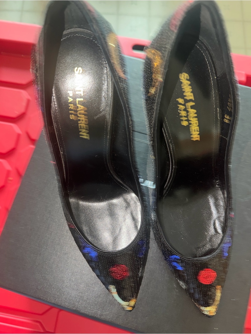 Saint Laurent Black Pointed Pumps with Multicolor Dots